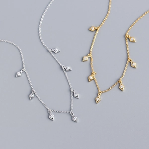 S925 Sterling Silver Necklace Rhombus Geometric Zircon Pendants Minimalist Dainty Tassel Fringe Clavicle Chain For Women