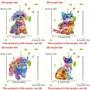 Detailed size and thickness guide for 2D acrylic flat animal pendants in four styles