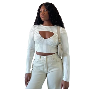 Detail of white ribbed knit two-piece set featuring a cropped cardigan and camisole