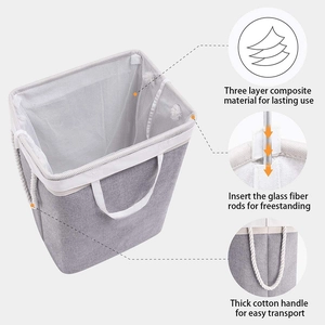 Detail showing grey laundry hamper fabric layers, support rods and cotton handles
