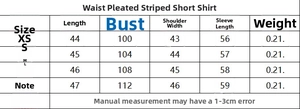 Detailed size chart for the striped cropped shirt with waist pleats measurements