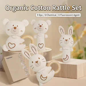 Baby Rattle Teether Toy Organic Cotton Natural Wood Ring Soothing Sensory Hand Bell Animal Shape Newborn Infant