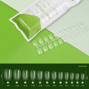 Detailed size chart for 120-piece clear coffin nail tips set with precise measurements