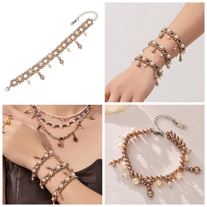 Detail of multi-layer cream and champagne pearl beaded bracelet with adjustable metal clasp