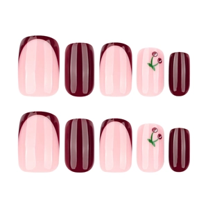 Deep wine red and cherry press-on nails set in short square shape with glossy finish