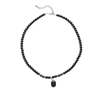 Tiger eye and black bead necklace with rectangular silver pendant and adjustable clasp