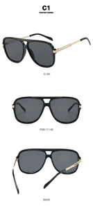 Three views of square oversized sunglasses with black frame and golden metal temples