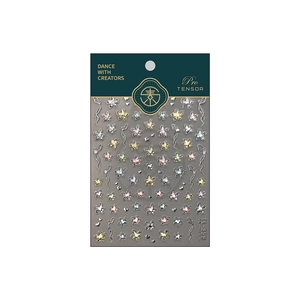 Exquisite 3D floral nail art stickers with metallic vines and pearls on white background
