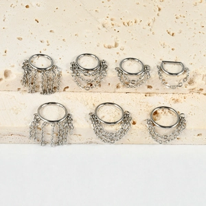Set of 7 silver stainless steel nose rings with single and double layer chain tassels