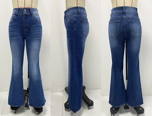 Detail view of high waist vintage blue flared jeans showing multiple angles and washed texture
