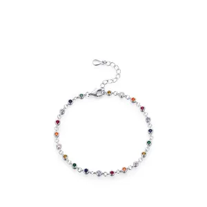 Elegant S925 sterling silver chain bracelet with round multi-color rainbow gemstones