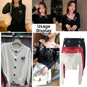 Detail shots of women's knitted cardigans with pearl bows in black, white and red colors
