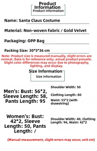 Detailed size chart for 5-piece non-woven Santa Claus costume set for adults