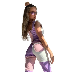 Summer Y2K purple patchwork denim set featuring a cropped vest and high-waisted jeans