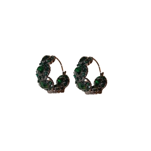 Vintage geometric C-shaped earrings with deep green crystals and dark metal finish