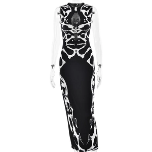 Sleeveless leopard print bodycon dress with hollow out chest and high collar