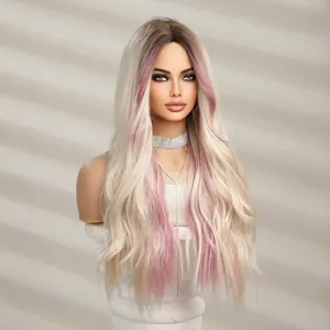 Long wavy synthetic wig in gradient blonde with pink highlights on a mannequin