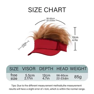Size chart for baseball cap with hair extension showing free size and dimensions
