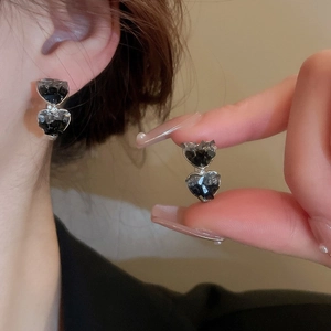 Elegant silver needle double heart earrings featuring black micro-set cubic zirconia tassels