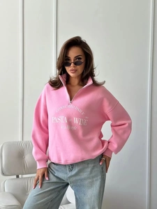Rosa Sweatshirt mit halbemd mit halbem Reißverschluss, Pasta and Wine Print und lockerer Passform