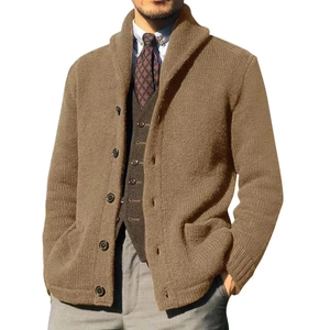 Men's brown hooded knit cardigan with shawl collar and button details in textured fabric