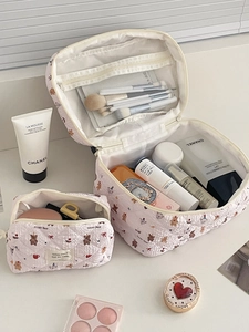 Set de trousses de maquillage en coton matelassé rose avec motif d'ours mignon