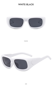Detailed front and side views of white square retro sunglasses with black UV lenses