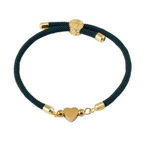 Detail of 18K gold heart charm and green woven Milan cord with adjustable slider
