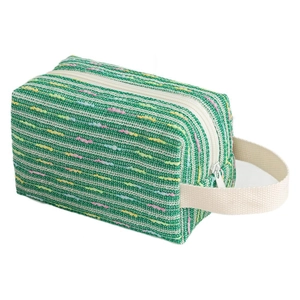 Green striped woven makeup bag with a 45-degree angle view and canvas handle