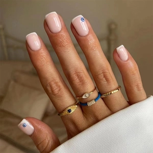 French Tip Press On Nails Evil Eye Pattern Nude Pink Blue White Square Shape Plastic False Nails For Women