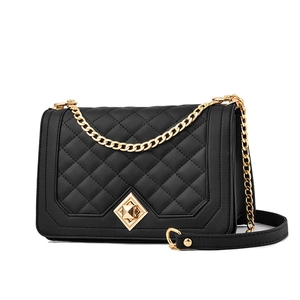 Women Quilted Shoulder Bag PU Leather Golden Chain Crossbody Bag Geometric Twist Lock Elegant Classic Fashionable