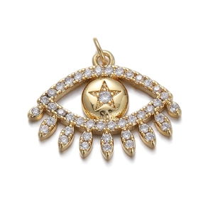 Close-up of golden eye pendant featuring small zircon stones and a delicate star center