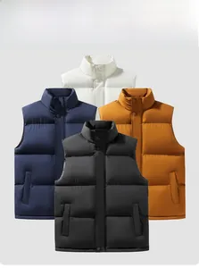 Men's winter vests in off-white, navy, yellow, and black featuring quilted stand collars