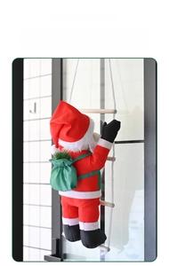 Detail of Santa Claus figure with a green gift bag climbing a white rope ladder decor