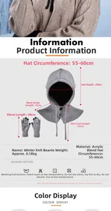 Detailed size chart for winter knit balaclava hat and gloves set with dimensions