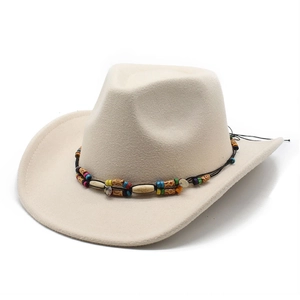 Western Cowboy Hat Wool Blend Felt Wide Brim Outdoor Ethnic Beaded Band Bohemian Style Sun Protection For Women Men