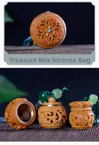 Detail of carved green sandalwood sachets with intricate floral patterns and jade beads