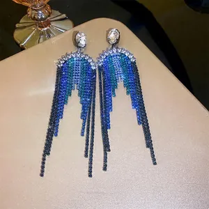 Elegant long fringe earrings with gradient blue rhinestones in a geometric tassel design