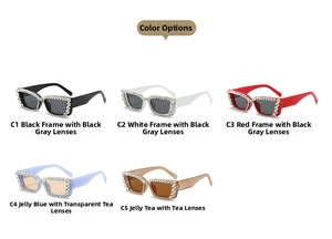 Flat lay of vintage square rhinestone sunglasses in five assorted color options