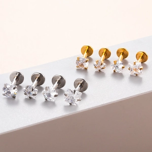 Flat back labret studs in gold and silver with heart star square and round zircon gems