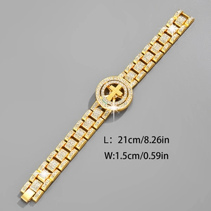 Gold iced out hip hop cross watch link bracelet with dimensions 21cm long and 1.5cm wide