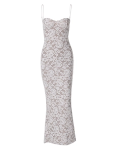 White lace backless maxi dress with spaghetti straps and bodycon fit for summer