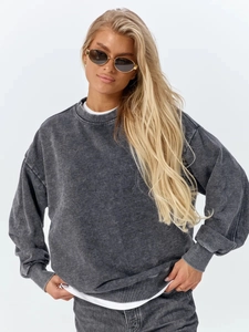 Women Oversized Sweatshirt American Retro Distressed Acid Wash Crewneck 100 Percent Cotton Long Sleeve Streetwear Top