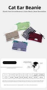 Size guide for striped cat ear beanie showing head circumference measurement steps