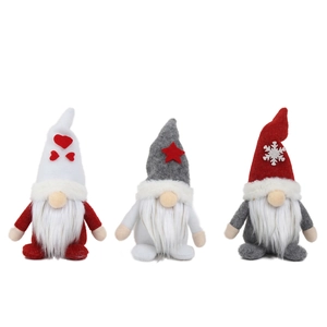 Three Christmas gnomes set in red, grey, and white with festive plush texture