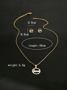 Detail view of gold stainless steel jewelry set with love pendants and size specifications