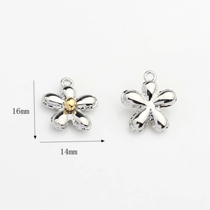 Detailed size view of silver and gold flower charms measuring 16mm by 14mm for DIY jewelry