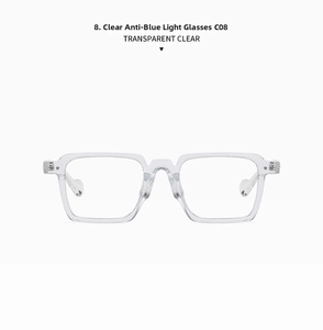 Detail of transparent square blue light blocking glasses with integrated nose pads