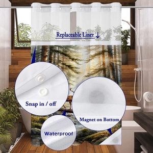 Detail of waterproof waffle shower curtain with snap-in liner and magnetic bottom