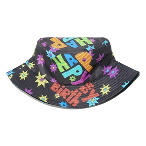 Black Happy Birthday bucket hat with colorful star and flower prints for summer sun protection